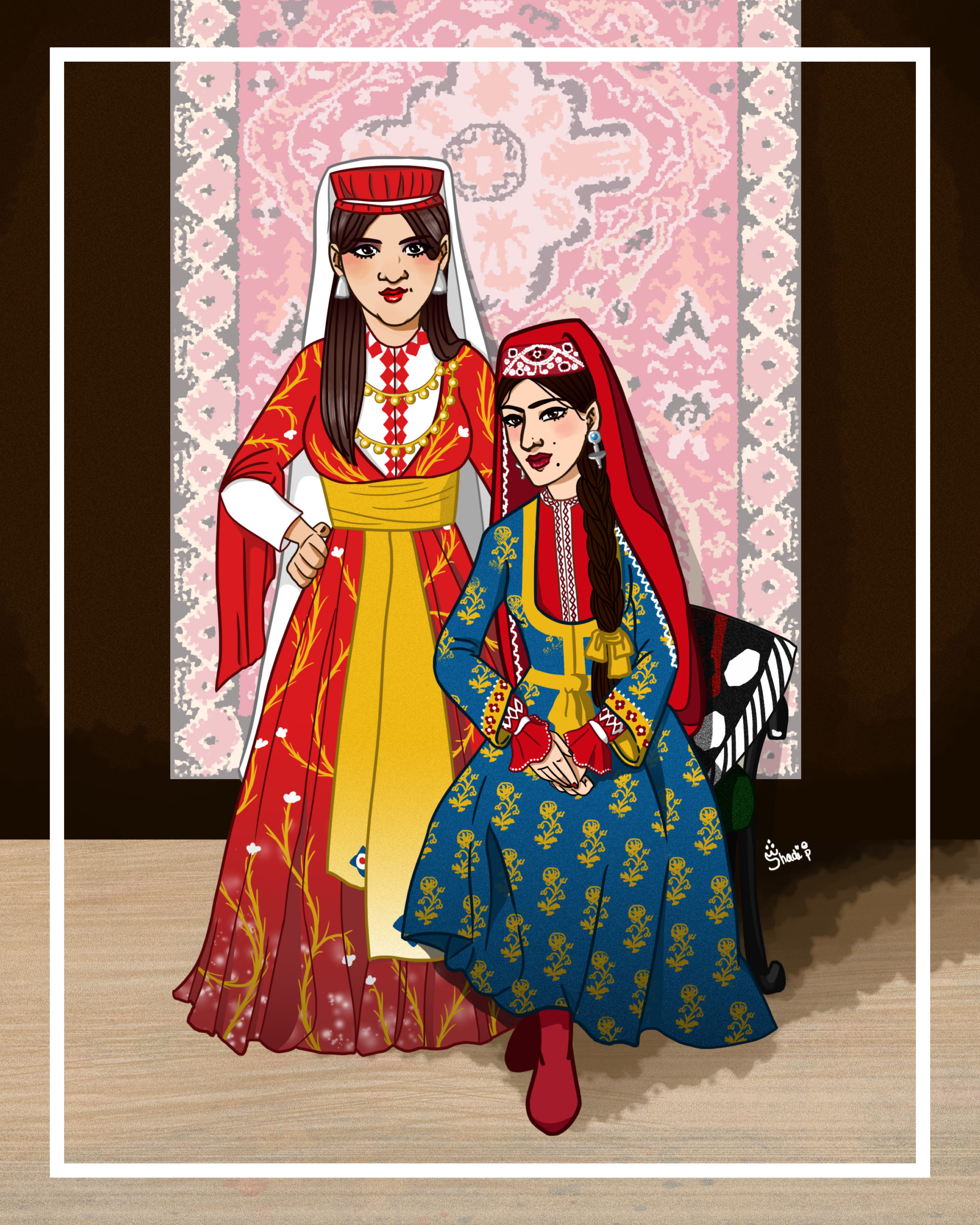 Dessin de deux femmes en vêtements traditionnels arméniens