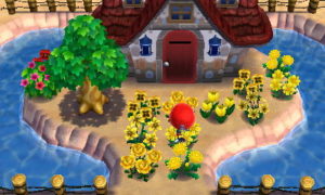 Maison typique d'Animal Crossing, sur une presqu'île avec des petites fleurs