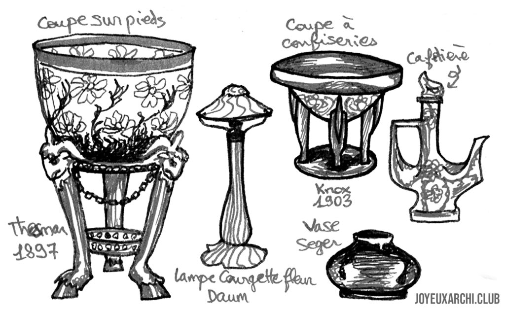 Dessins d'objets divers de style art nouveau : lampe, coupes, vase, cafetière.