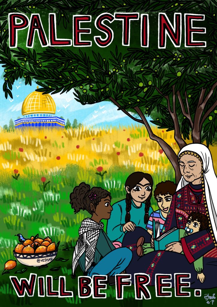 Dessin d'une grand-mère lisant à des petits-enfants sous un olivier, avec écrit "Palestine will be free", et le dôme du rocher dans le fond